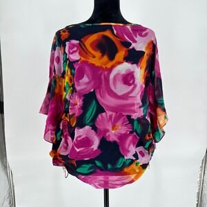 St. John 2009 Y2K Silk Sheer Navy Pink Floral Poncho Boat Neck Blouse Top Sz P/S